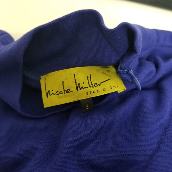 Nicole Miller Studio One Mock Neck Pleated Fitted Dress Blue Small - Picture 11 of 16